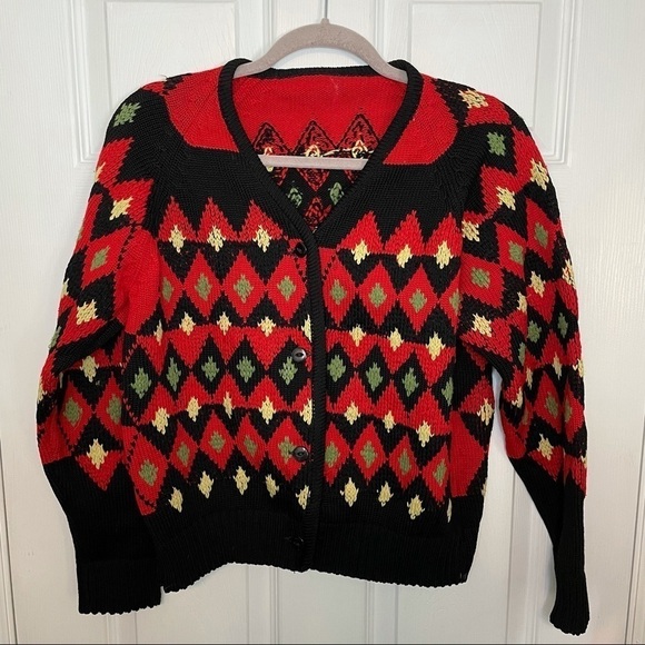VINTAGE Cottage Core Handmade Knit Printed Red Cardigan Sweater small - Picture 4 of 6